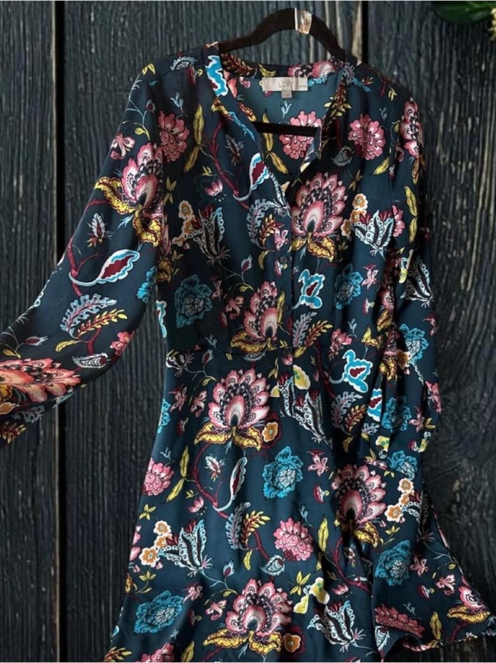 LOFT Navy Floral Tunic with Pink & Teal Accents
